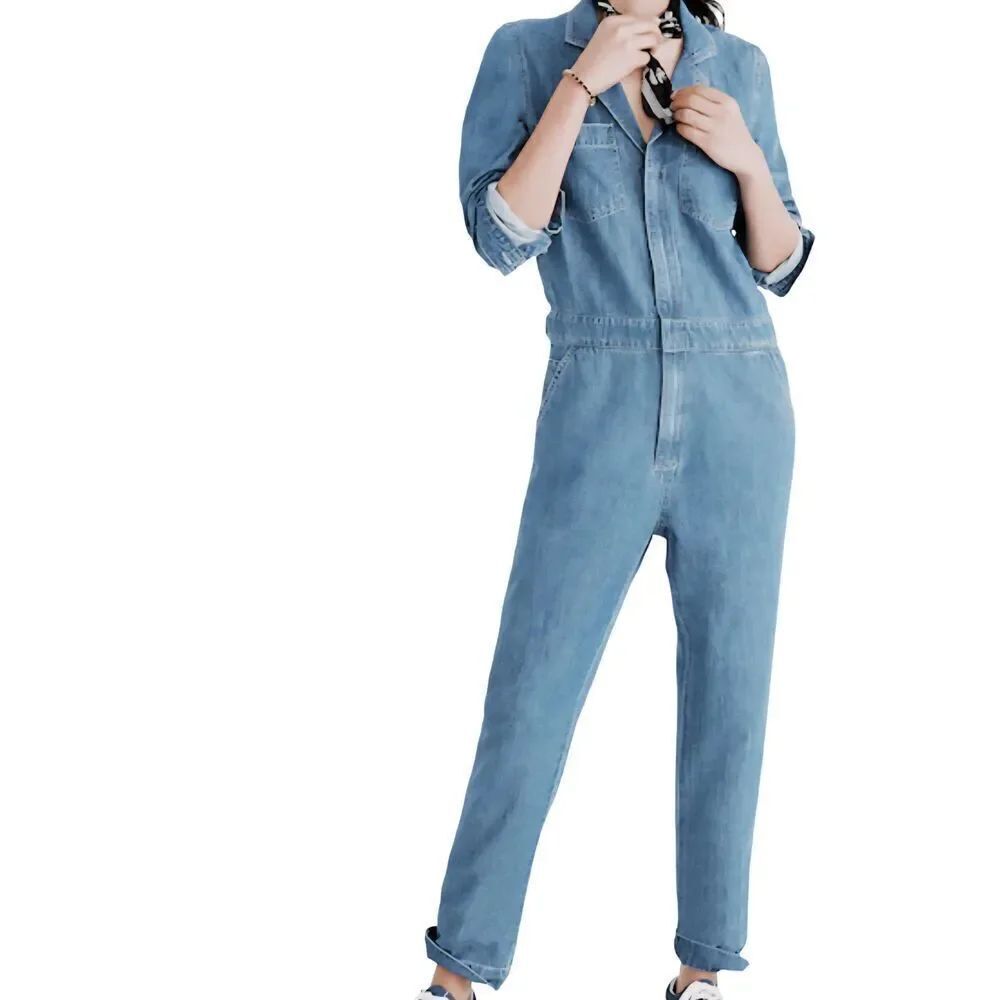 Madewell Jumpsuit Women's XS Blue Denim Coverall Long Sleeve Cotton Linen